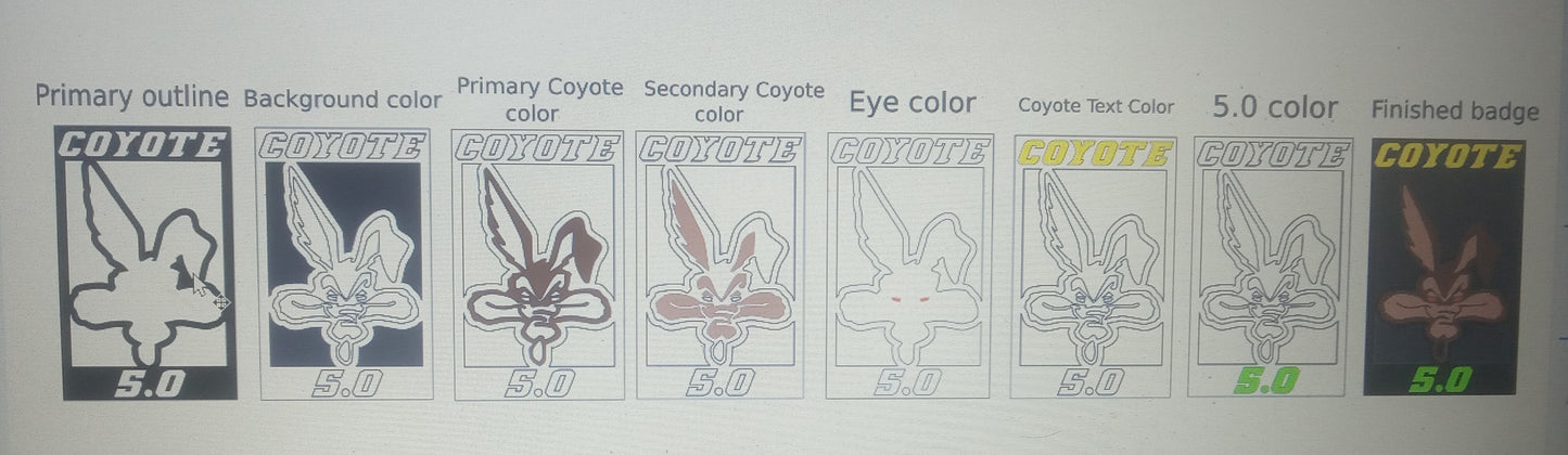 Coyote 5.0 set. With custom text. Includes all 3 badges.